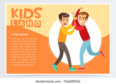 Two boys fighting each other, teen kids quarreling, kids land banner flat vector element for website or mobile app