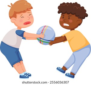 Two boys fighting over a ball, one crying while the other expresses anger, illustrating childhood conflicts related to bullying and racism in a school playground setting