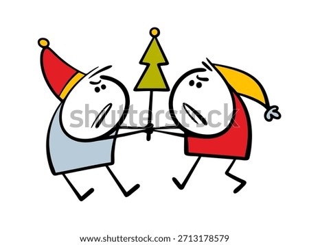 Two boys are fighting over a Christmas tree. Vector illustration of greedy dwarves or elves snatching a toy from their hands. Quarrel, the holiday is ruined.