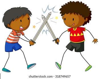 Two boys fighting with swords	 illustration