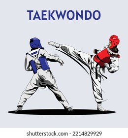 Two Boys Fighting in Taekwondo Competition Illustration Vector.