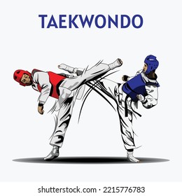 Two Boys Fighting in Taekwondo Competition Illustration Vector.