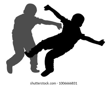 Two boys fighting vector silhouette. Two young brothers fight vector illustration. Angry kid terror. Street hitting and punching after school. Bully abused neighbor kid. Child problematic behavior. 