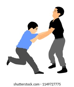 Two boys fighting vector silhouette. Two young brothers fight vector illustration. Angry kid terror. Street hitting and punching after school. Bully abused neighbor kid. Child problematic behavior. 