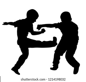 Two boys fighting vector silhouette. Two young brothers fight vector illustration. Angry kid terror. Street hitting and punching after school. Bully abused neighbor kid. Child problematic behavior. 