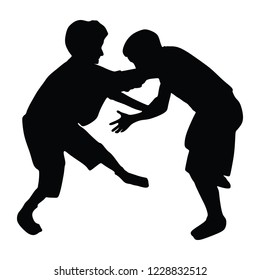 Two boys fighting vector silhouette. Two young brothers fight vector illustration. Angry kid terror. Street hitting and punching after school. Bully abused neighbor kid. Child problematic behavior.