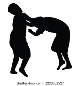 Two boys fighting vector silhouette. Two young brothers fight vector illustration. Angry kid terror. Street hitting and punching after school. Bully abused neighbor kid. Child problematic behavior.