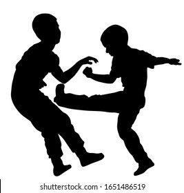 Two boys fighting vector silhouette. Two young brothers fight vector illustration. Angry kid terror. Street hitting and punching after school. Bully abused neighbor kid. Child problematic behavior. 