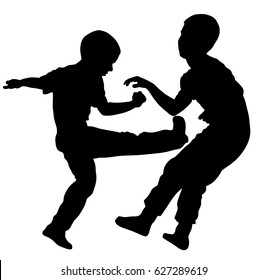 Two boys fighting vector silhouette. Two young brothers fight vector illustration. Angry kid terror. Street hitting and punching after school. Bully abused neighbor kid. Child problematic behavior. 