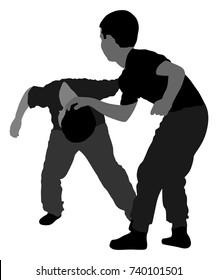 Two boys fighting vector silhouette. Two young brothers fight vector illustration. Angry kid terror. Street hitting and punching after school. Bully abused neighbor kid. Child problematic behavior. 