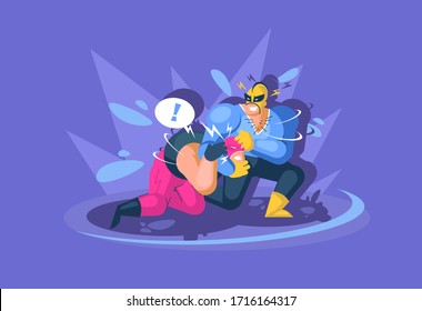 Two boys fighting wrestling. Mexican wrestler fighters in mask.