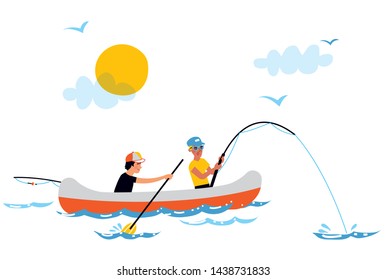 Two boys fishing in the boat on the lake. Vector illustration