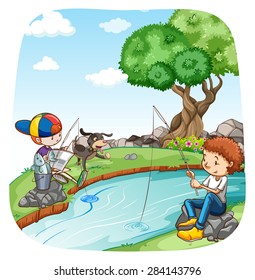 Two boys fishing in the river