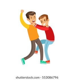 Two Boys Fist Fight Positions, Aggressive Bully In Long Sleeve Red Top Fighting Another Kid Kicking With Leg