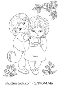 Two boys are friends. One boy cheers up a sad friend. Mutual aid. Vector contour image. Coloring book.