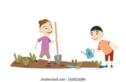 Two boys in the garden digging a bed and watering plant seedlings. Gardening. Hobby. Cute Vector Illustration