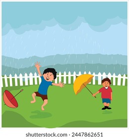 Dos chicos se están mojando bajo la lluvia
