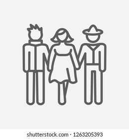Two boys with girl icon line symbol. Isolated vector illustration of  icon sign concept for your web site mobile app logo UI design.