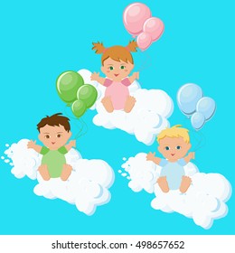 Two boys and a girl sitting on clouds with colorful balloons. Baby triplets. Cartoon vector illustration in flat style.