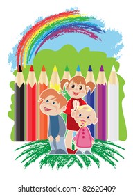 Two boys and a girl standing on the bright care of pencils and look at the painted rainbow