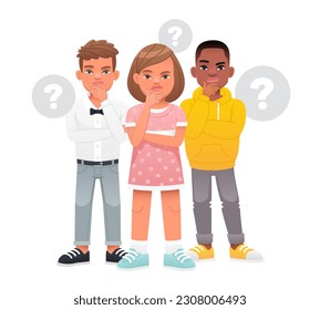 Two boys and a girl surrounded by question bubbles. Smart, thinking kids who solve problems. Children's problems. Young children have a question. Portrait of thoughtful schoolchildren.