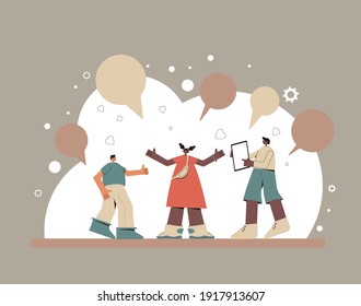 Two boys and girl with tablet. Cute kids characters wearing in casual clothes standing together with phone. Male and female children talking. Friends spending time together. Vector flat illustration. 