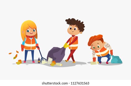 Two boys and girl wearing orange vests collect rubbish for recycling, Kids gathering plastic bottles and garbage for recycling. Early childhood education.Vector. isolated