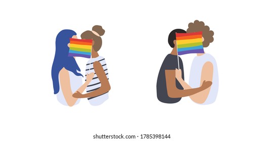 Two boys and Two girls kiss for an LGBT flag on white background . Pride Month. Homosexual people. Lesbians. Vector illustration isolated on white background.	