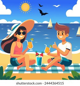 Two boys and girls are sitting by the sea and enjoying summer Flat Vector. two teenagers vacationing on tropical beach