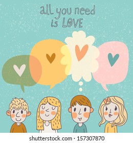 Two boys and two girls are thinking about love. Romantic concept card in cartoon style in vector