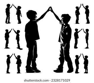 two boys giving high five silhouette set