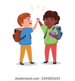 Two boys giving high five. Black and white boy with backpacks. Friendship, diversity, school, equality concept. 
