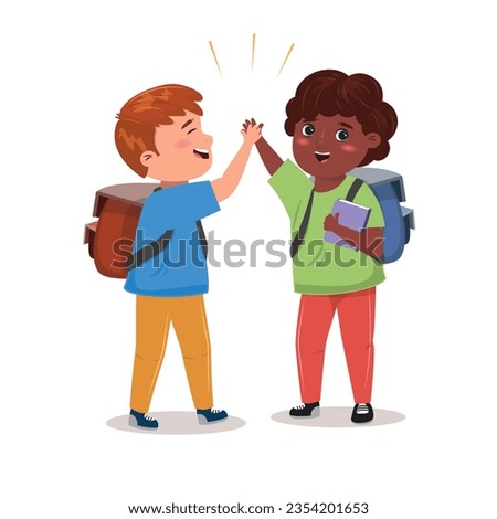 Two boys giving high five. Black and white boy with backpacks. Friendship, diversity, school, equality concept. 
