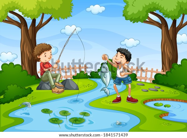 Two Boys Go Fishing Stream Scene Stock Vector (Royalty Free) 1841571439