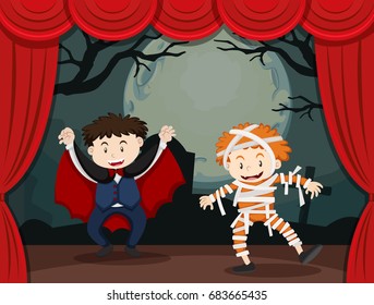 Two boys in halloween costume on stage illustration