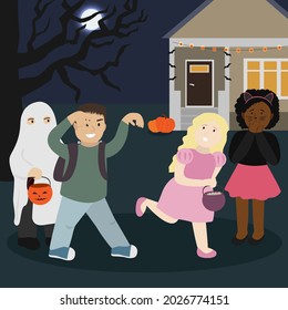 Two boys in halloween costumes are trying to scare two girls in front of the house