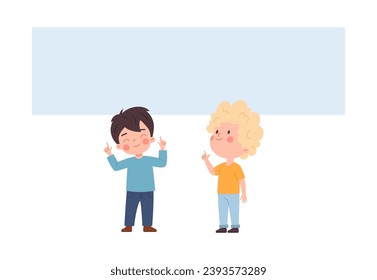 Two boys hand pointing forefinger to the top, showing to the up on the board. Cartoon children makes a gesture paying attention, choosing. Flat vector cute kids characters illustration