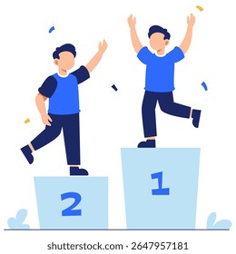 Two boys happily celebrating on podiums under falling confetti, representing youthful energy and achievement