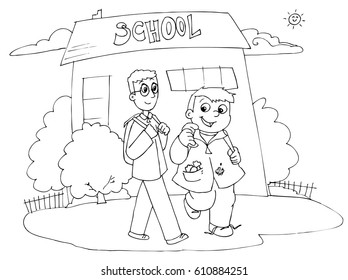 Two boys happily going to school. Coloring vector