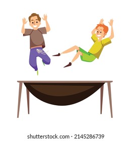 Two boys happily jumping on trampoline, flat vector illustration isolated on white background. Friends having fun together. Cartoon character bouncing on trampoline, sport concept.