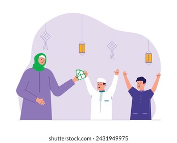 Two boys are happy because they get Eid pocket money from their aunt, vector illustration.
