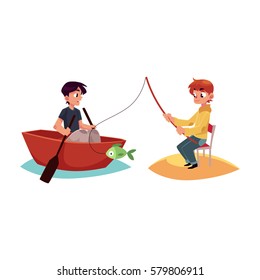 Two boys having fun in summer, one fishing, another swimming in boat, kayak, cartoon vector illustration isolated on white background.