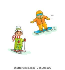 Two boys having fun in winter - skiing and snowboarding, flat cartoon vector illustration isolated on white background. Drawing of two boys, skiing and snowboarding, winter sport activities