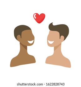 Two boys and heart isolated on white background. Gay couple. African Valentines Day vector illustration. LGBT pride sign. Gay pride symbol. Flat design.