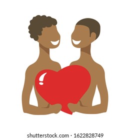 Two boys and heart isolated on white background. Gay couple. African Valentines Day vector illustration. LGBT pride sign. Gay pride symbol. Flat design.