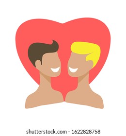 Two boys and heart isolated on white background. Gay couple. Valentines Day vector illustration. LGBT pride sign. Gay pride symbol. Flat design.