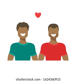Two boys and heart isolated on white background. Gay couple. African Valentines Day vector illustration. LGBT pride sign. Gay pride symbol. Flat design.