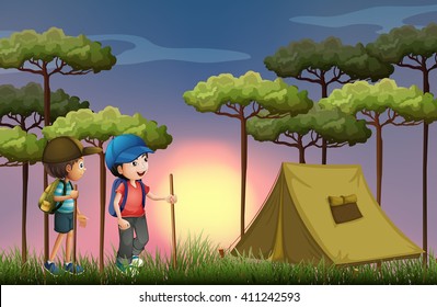 Two boys hiking and camping in the forest illustration