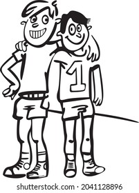 Two boys are holding each other's arms. They are dressed in sports clothes because they are sportsmen and friends
