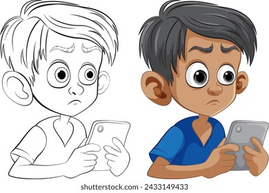 Two boys holding tablets, one colored, one line art.